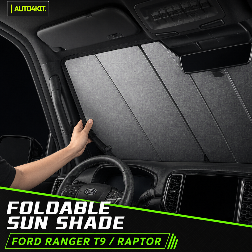 Foldable sunshade shown against the Ford Ranger windshield