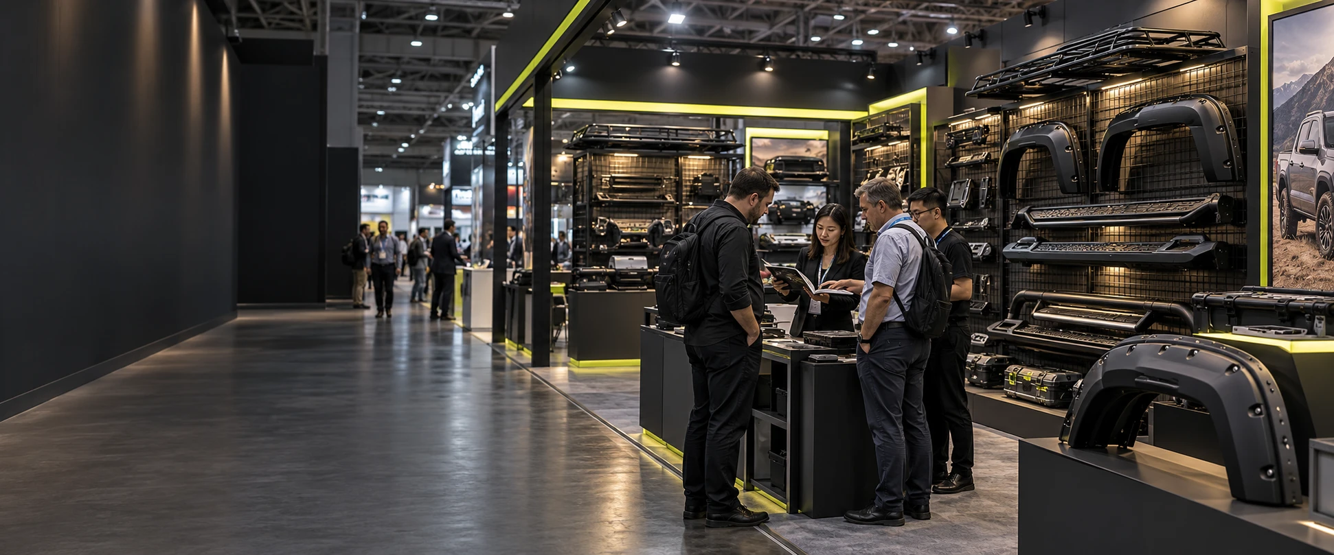 Illustrative automotive accessories exhibition with buyers discussing sourcing at a product display