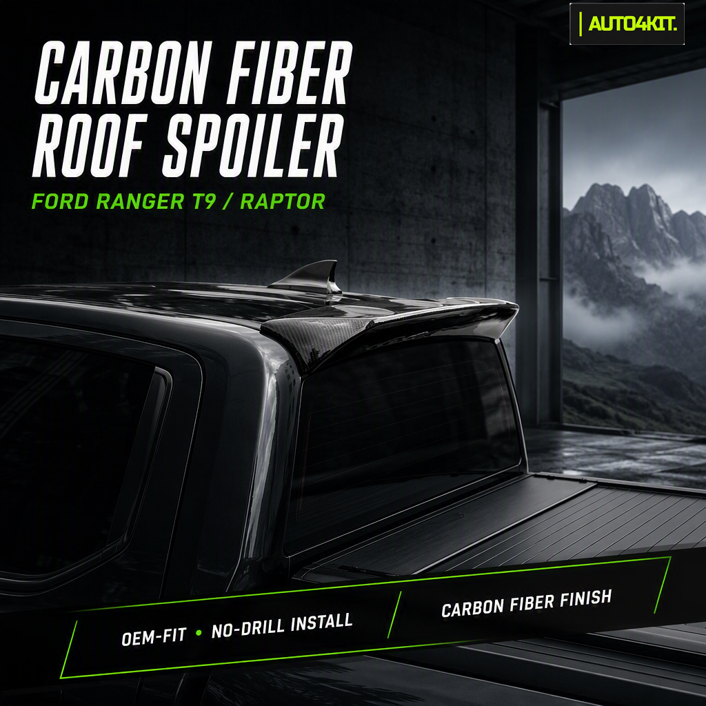 Carbon fiber roof spoiler above the rear cab window of a Ford Ranger