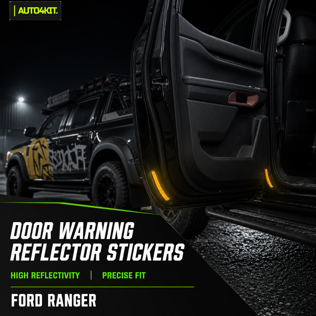Yellow reflective warning stickers fitted at the open door edges of a Ford Ranger