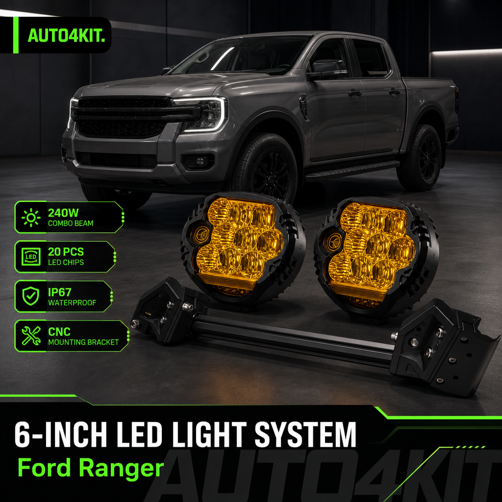 Ford Ranger roof light bracket and optional 6-inch spotlights, without roof rails