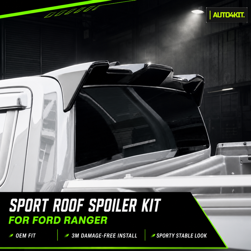 Gloss black sport roof spoiler above the rear cab window of a white Ford Ranger