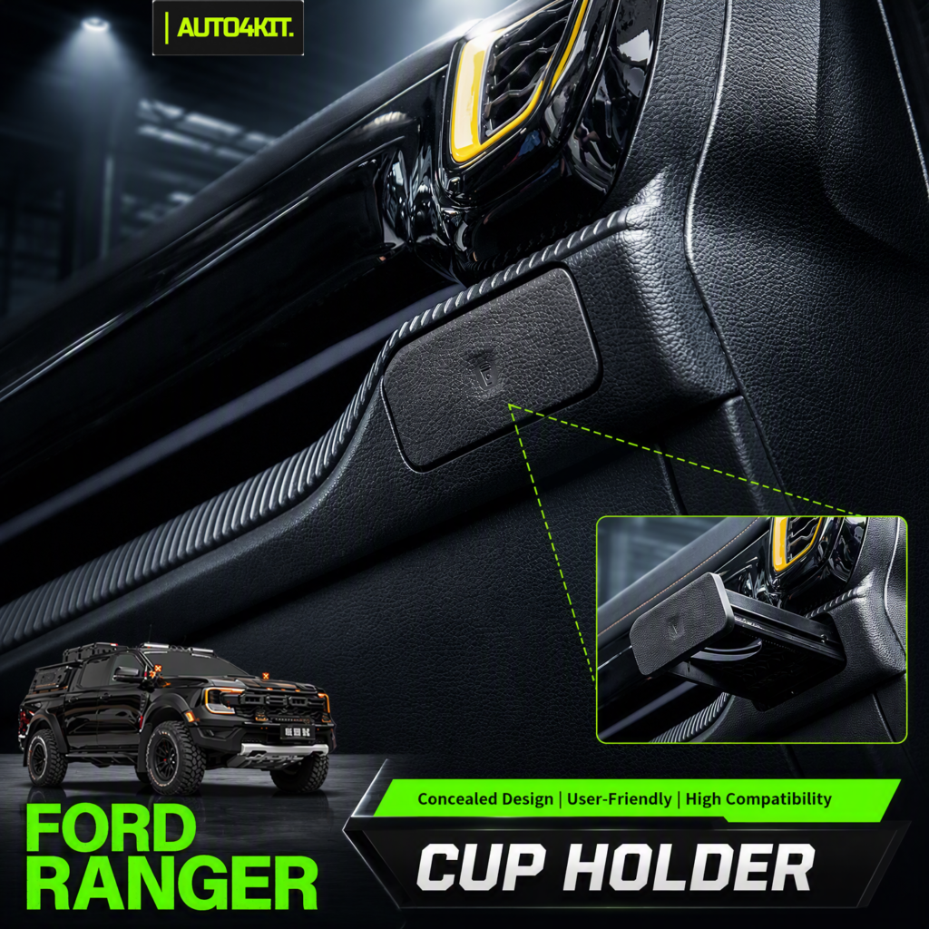 Ford Ranger passenger-side hidden cup holder shown closed and extended