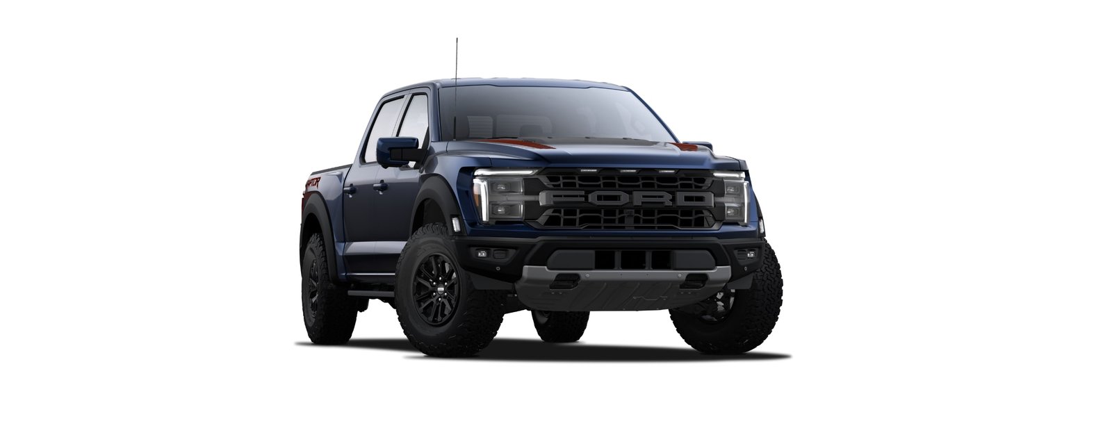 Blue 2024 Ford F-150 Raptor in a front three-quarter view on a white background.