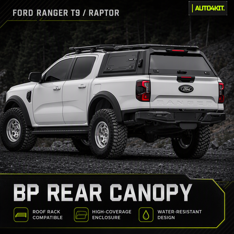 BP canopy with roof rack fitted to a white Ford Ranger, viewed from the rear side