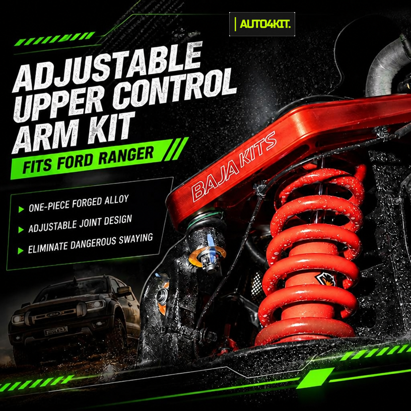 Red BaJa Kits adjustable upper control arm shown with a Ford Ranger suspension coil