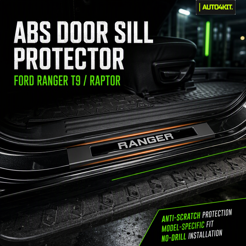 Ford Ranger T9 and Ranger Raptor T9 ABS door sill scuff plate set installed at the door entry
