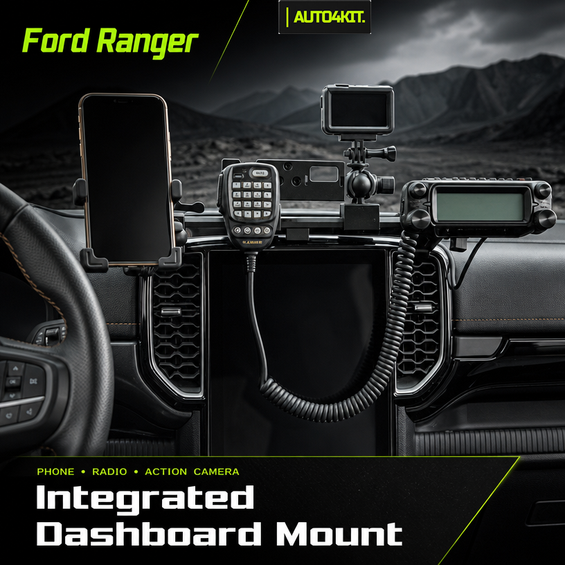 Integrated dashboard view with a phone holder, radio handset and radio display positions in a Ford Ranger cabin.