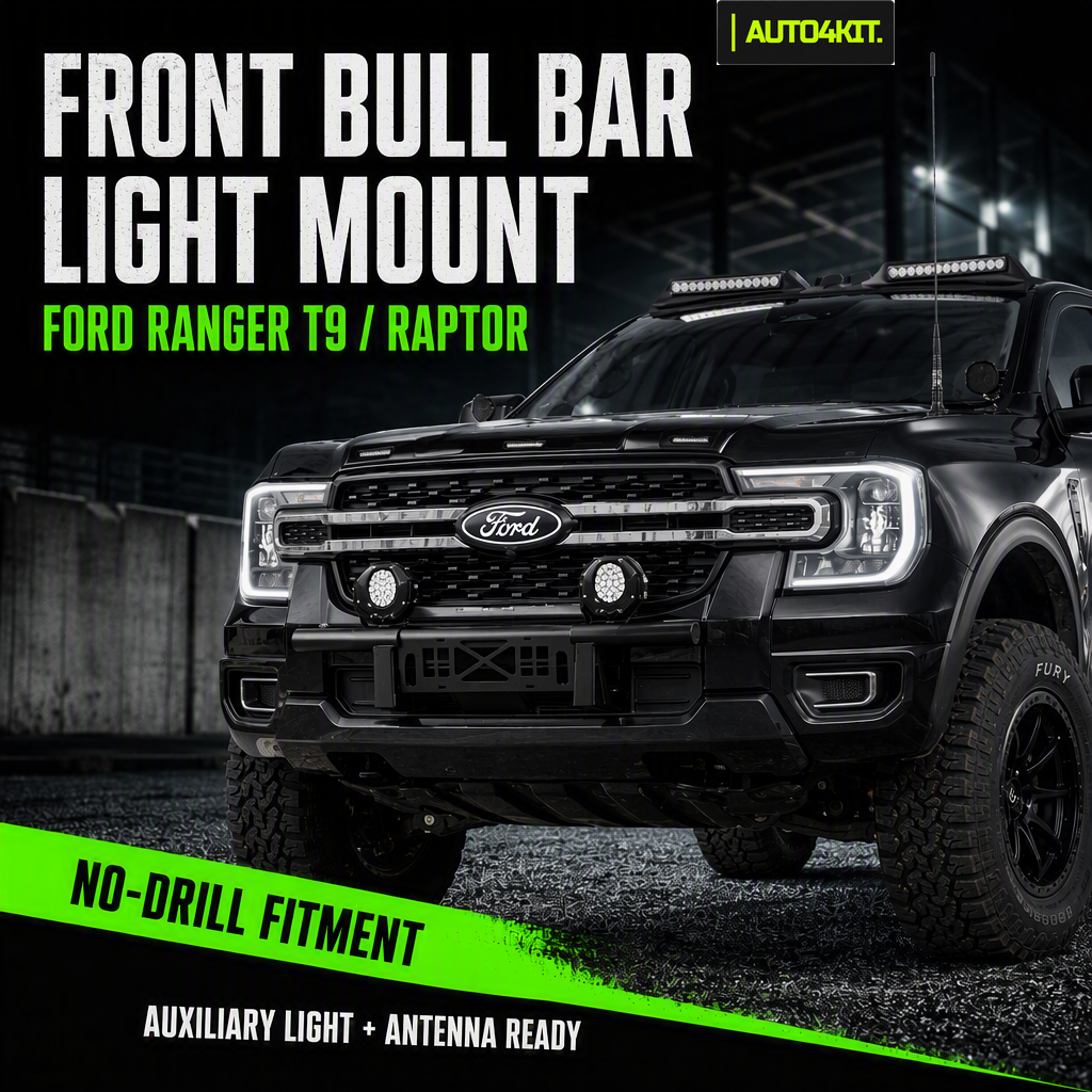 Front mini bull bar with auxiliary lights shown on a Ford Ranger