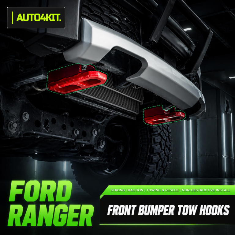 Red front bumper tow hooks installed beneath a Ford Ranger front bumper
