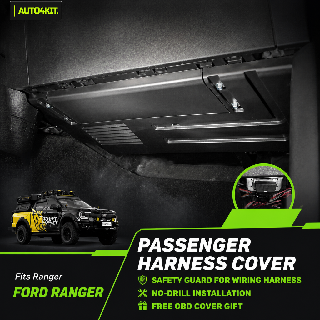 Ford Ranger passenger wiring harness cover fitted beneath the glovebox, with OBD cover inset