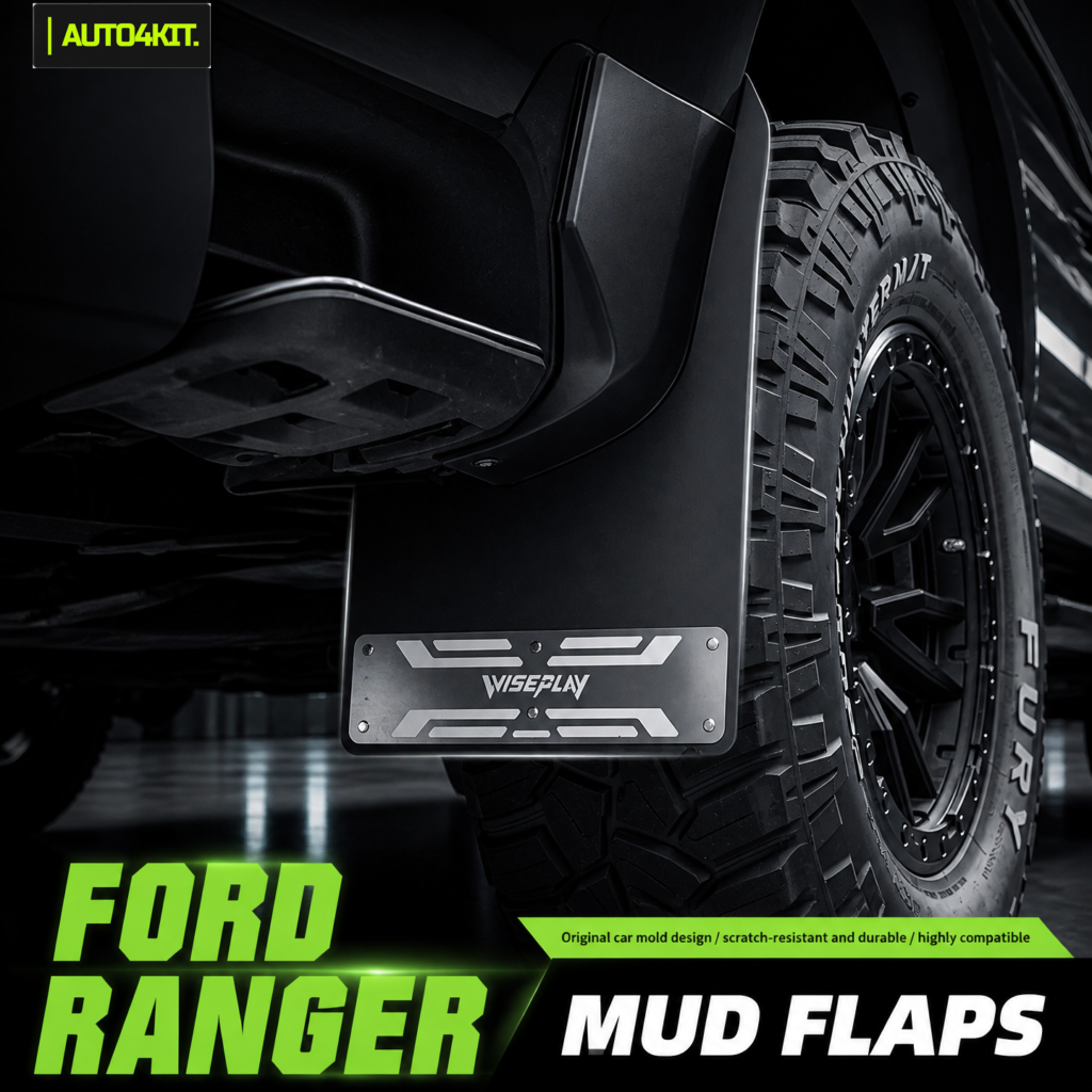 Ford Ranger rear-wheel mud flap with a decorative metal trim plate