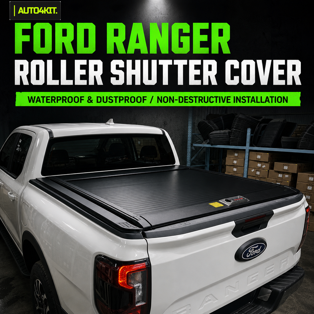 Katu roller shutter bed cover fitted on a Ford Ranger pickup, shown from the rear side.