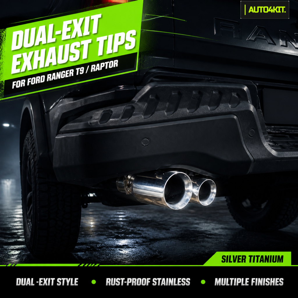 Ford Ranger T9 dual-exit exhaust tips shown in the Silver Titanium finish