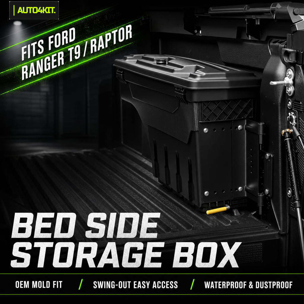 Black bed-side toolbox mounted in a Ford Ranger pickup bed