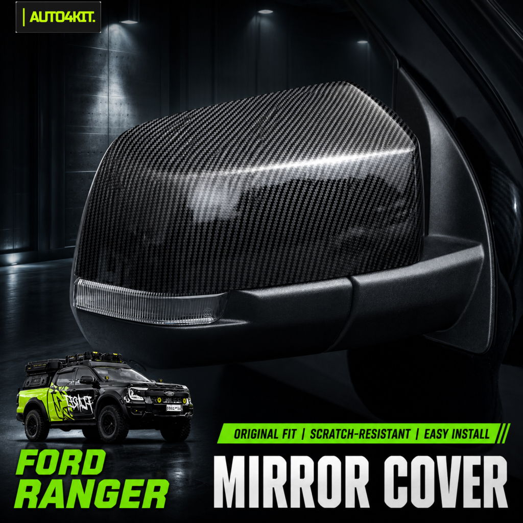 Carbon-look cover fitted over a Ford Ranger side mirror housing, with the mirror indicator visible.