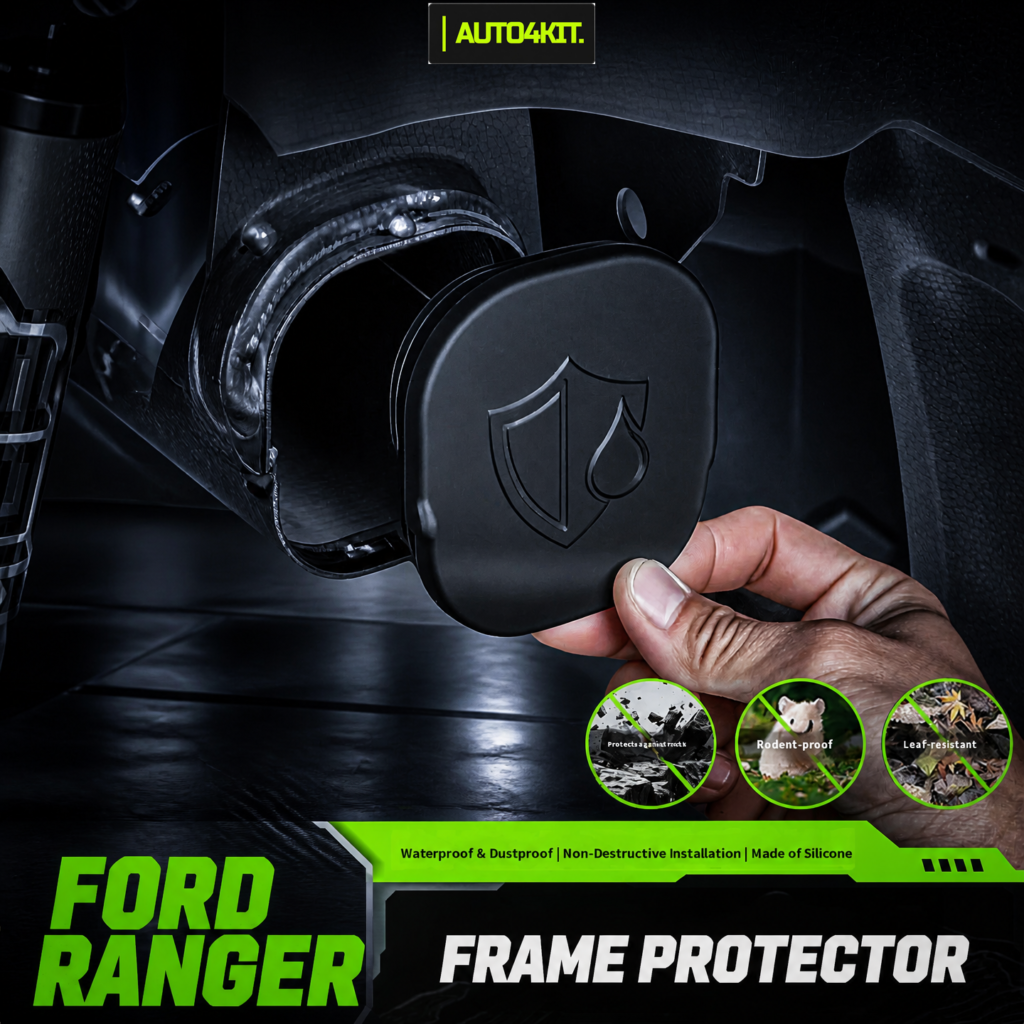 Black silicone frame protector cap shown in a Ford Ranger underbody setting, with a hand holding the cap