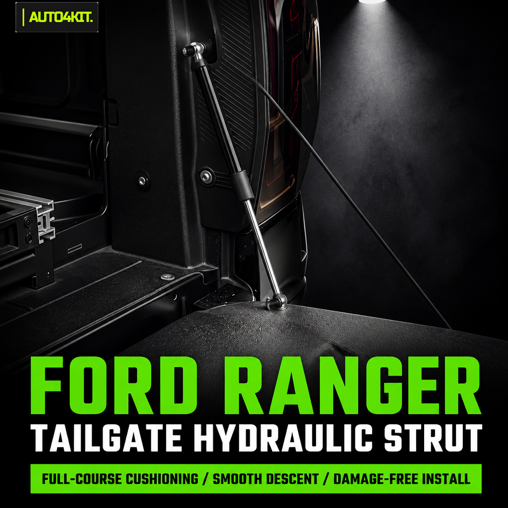 Hydraulic tailgate assist strut mounted beside a Ford Ranger pickup tailgate