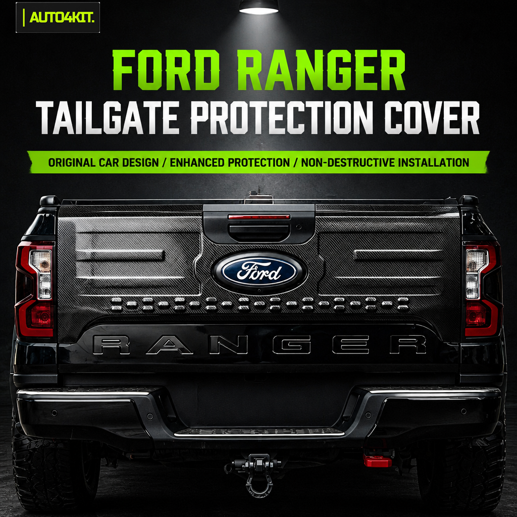 Carbon-fiber-pattern tailgate plate shown on the rear of a Ford Ranger