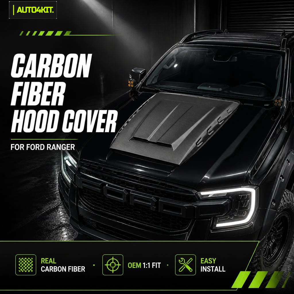 Ford Ranger T9 with a carbon-fiber hood cover mounted over the central hood scoop.