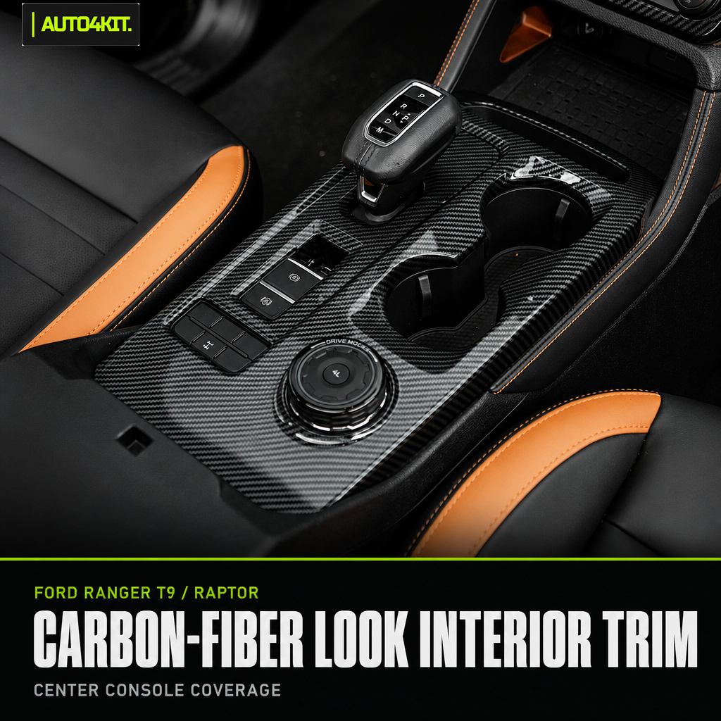Ford Ranger T9 and Ranger Raptor T9 carbon-fiber-pattern center console trim around the gear selector and cup holders