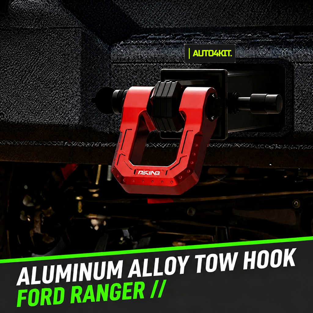 Red aluminum-alloy tow hook mounted in a rear square receiver with a locking pin