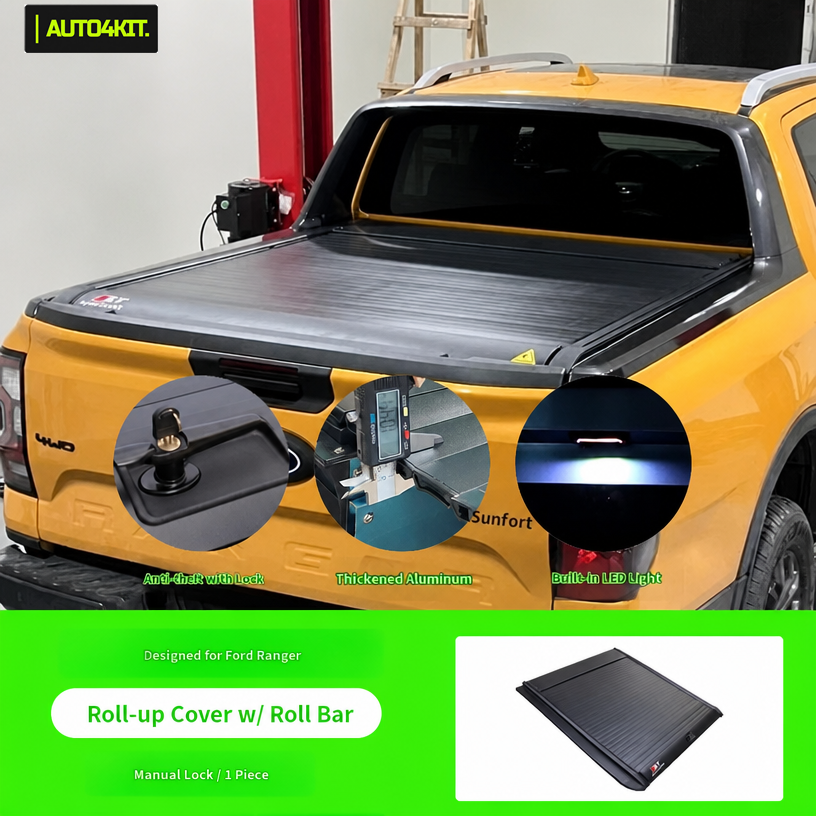 ST manual-lock roller shutter cover shown on a Ford Ranger with an existing roll bar